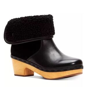 Frye & Co Anthropologie Odessa Black Shearling Clog Boots w/ Wood Platform Heel